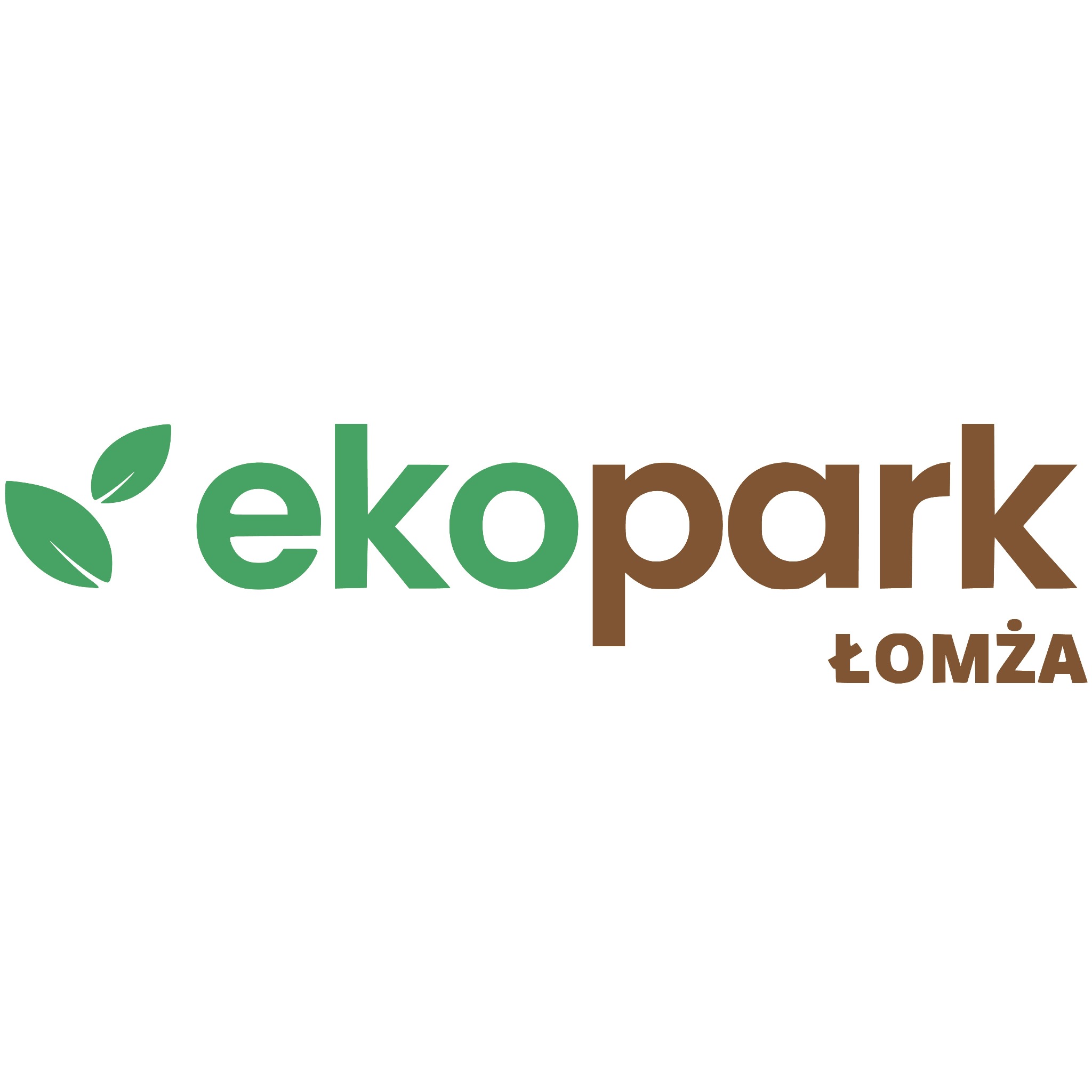 Logo 'ekopark Łomża' z zielonymi listkami po lewej stronie, stylizowany napis w kolorach zieleni i brązu na białym tle.