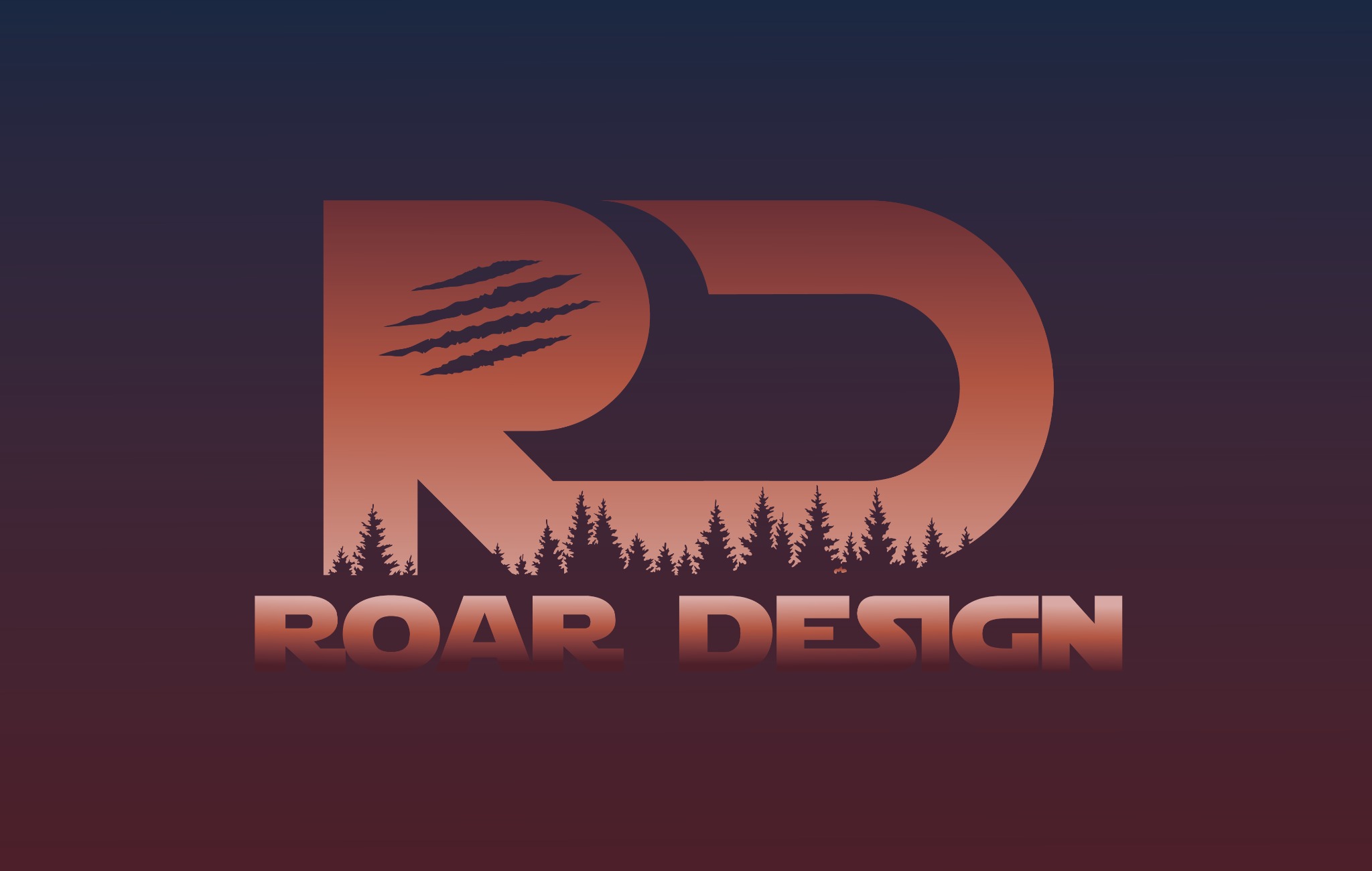 Nowoczesne logo Roar Design z motywem leśnym i śladami pazurów na gradientowym tle.