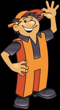 Karykaturalny hydraulik w pomarańczowej kamizelce z literą 'H', uśmiechnięty, w czapce z daszkiem, na czarnym tle.