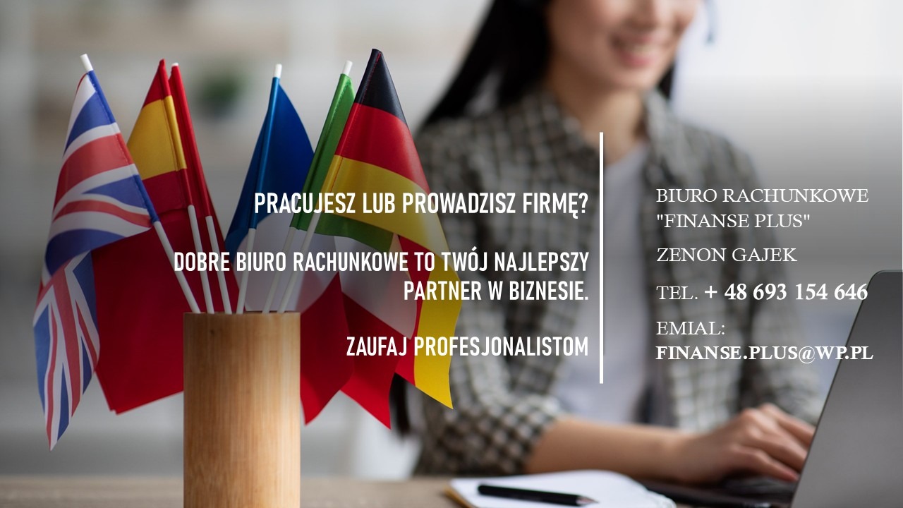 Biuro rachunkowe oferuje wsparcie dla firm. Flagi państw, kobieta z zestawem słuchawkowym i laptop. Napis: Dobre biuro rachunkowe to Twój najlepszy partner w biznesie.