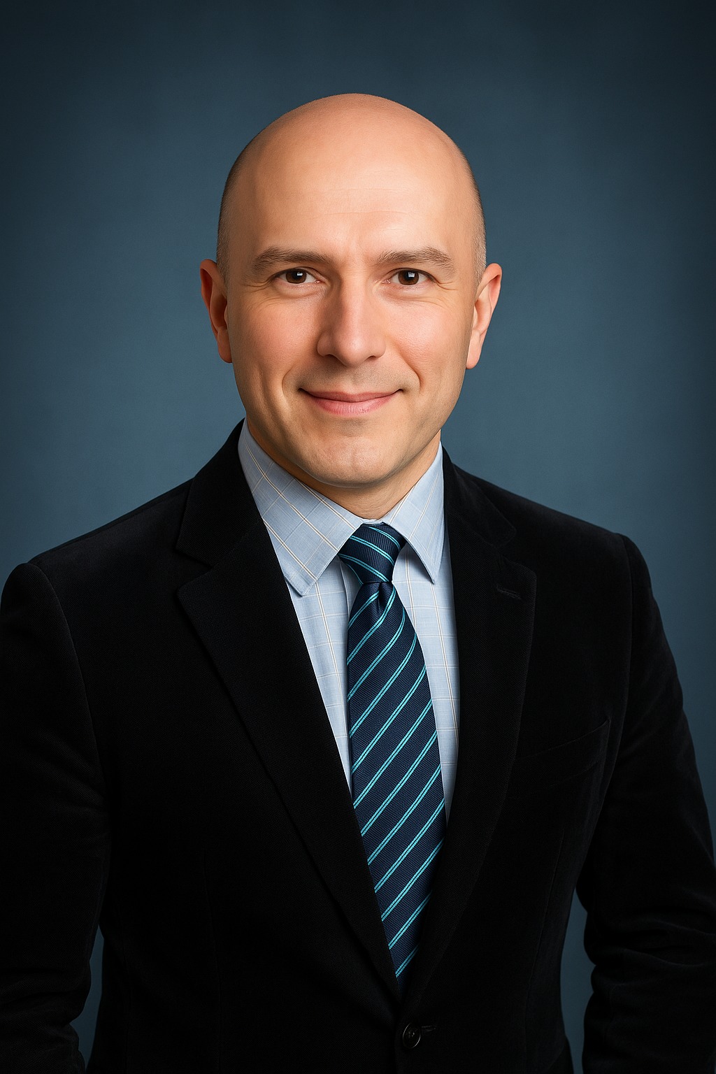 Portret uśmiechniętego mężczyzny w czarnym garniturze, błękitnej koszuli w kratę i krawacie w paski na ciemnoniebieskim tle. Profesjonalny wizerunek.