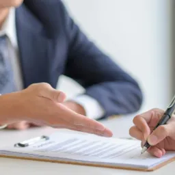 Podpisanie umowy kredytowej: mężczyzna w garniturze gestykuluje, podczas gdy druga osoba podpisuje dokument na białym blacie.