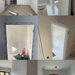 Realizacja projektów inwestycyjnych o różnym stopniu skomplikowania - Mozaika zdjęć z remontu mieszkania we Wrocławiu: na pierwszym zdjęciu malarz na drabinie podczas prac wykończeniowych, na pozostałych etap prac i efekt końcowy - białe, gładkie ściany i podłogi.