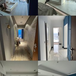 Realizacja projektów inwestycyjnych o różnym stopniu skomplikowania - Kolaż przedstawiający etapy prac w apartamencie z widokiem na miasto: montaż podłogi, luksusowa łazienka z wanną, korytarz w trakcie prac z widoczną mapą świata na ścianie, wykończony korytarz...