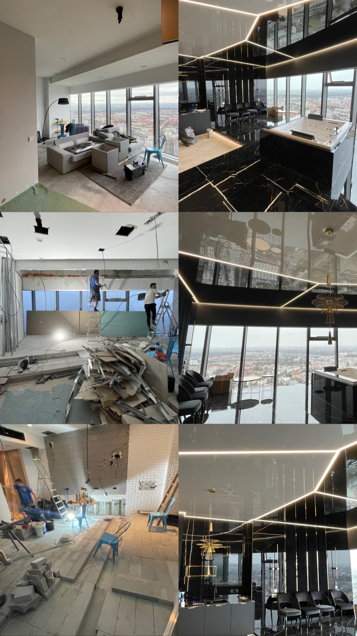 Mozaika zdjęć ukazująca etapy remontu luksusowego apartamentu z widokiem na miasto, od stanu surowego z pracownikami na drabinach po wykończone wnętrze z czarnym marmurem, oświetleniem LED...
