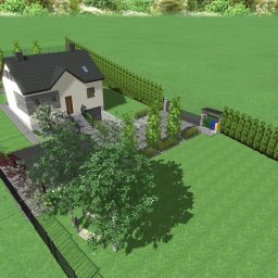Emma Uchacz - Wizualizacja 3D zagospodarowania terenu wokół nowoczesnego domu jednorodzinnego z garażem, obejmująca trawnik, drzewa, krzewy, ogrodzenie panelowe i altanę.
