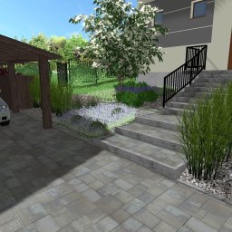 Emma Uchacz - Wizualizacja zagospodarowania terenu przed domem z podjazdem pod wiatą, schodami wejściowymi i rabatami z kwitnącymi roślinami.