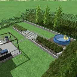 Wizualizacja 3D ogrodu z basenem, tarasem z pergolą i schodkowymi rabatami, widok z góry.