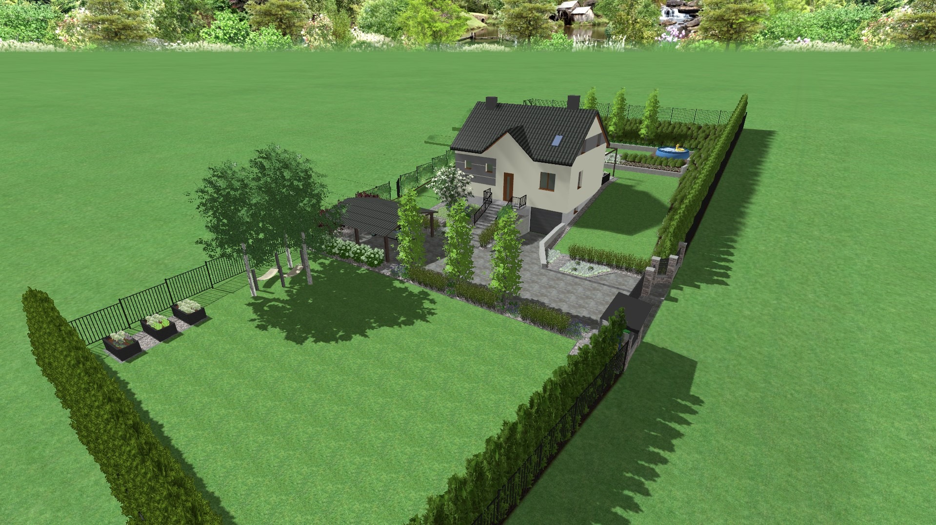Wizualizacja 3D zagospodarowania terenu wokół domu jednorodzinnego z uwzględnieniem trawnika, nasadzeń z drzew i krzewów, pergoli, oczka wodnego oraz ogrodzenia z żywopłotu.
