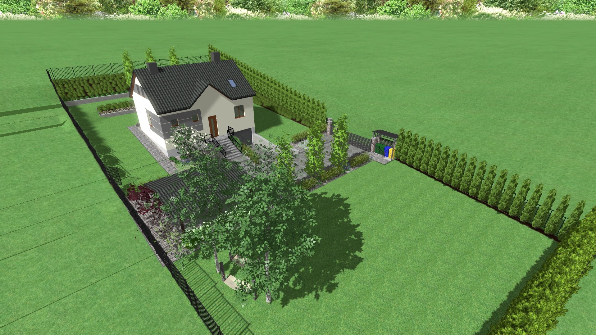 Wizualizacja 3D zagospodarowania terenu wokół nowoczesnego domu jednorodzinnego z garażem, obejmująca trawnik, drzewa, krzewy, ogrodzenie panelowe i altanę.