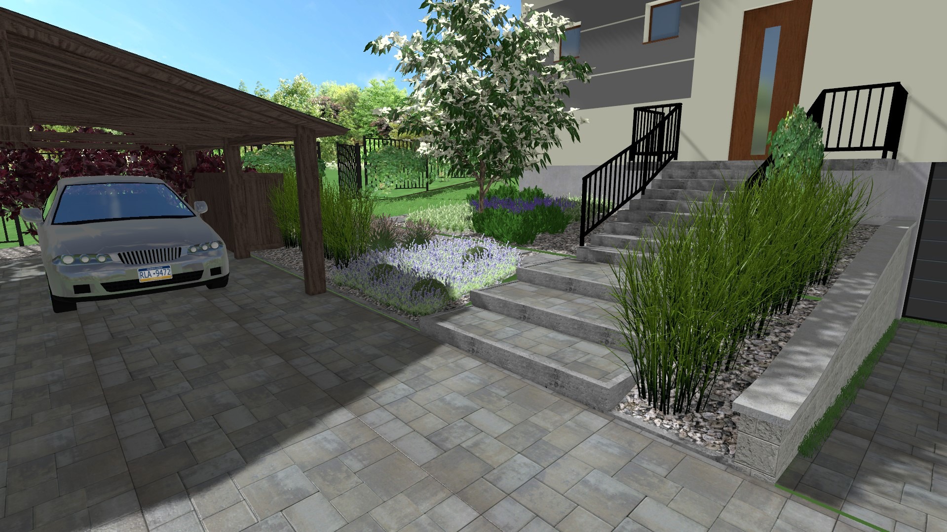 Wizualizacja zagospodarowania terenu przed domem z podjazdem pod wiatą, schodami wejściowymi i rabatami z kwitnącymi roślinami.