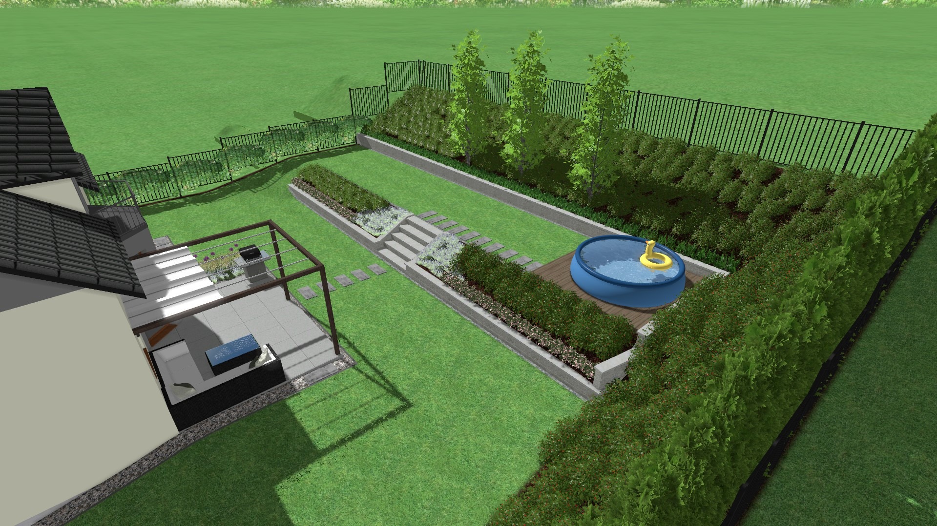 Wizualizacja 3D ogrodu z basenem, tarasem z pergolą i schodkowymi rabatami, widok z góry.