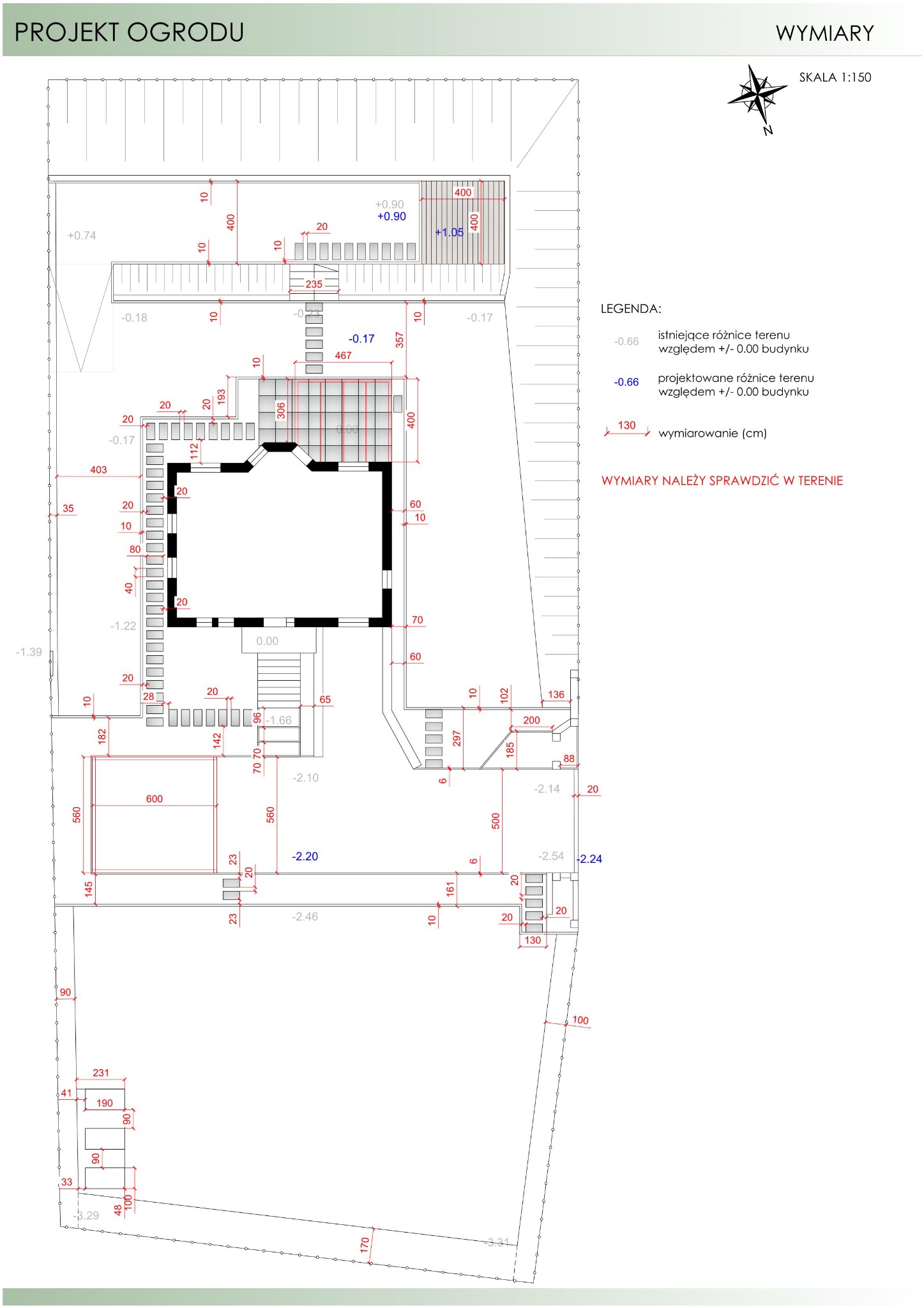 Rzut z góry na projekt ogrodu z naniesionymi wymiarami, poziomami terenu i legendą.