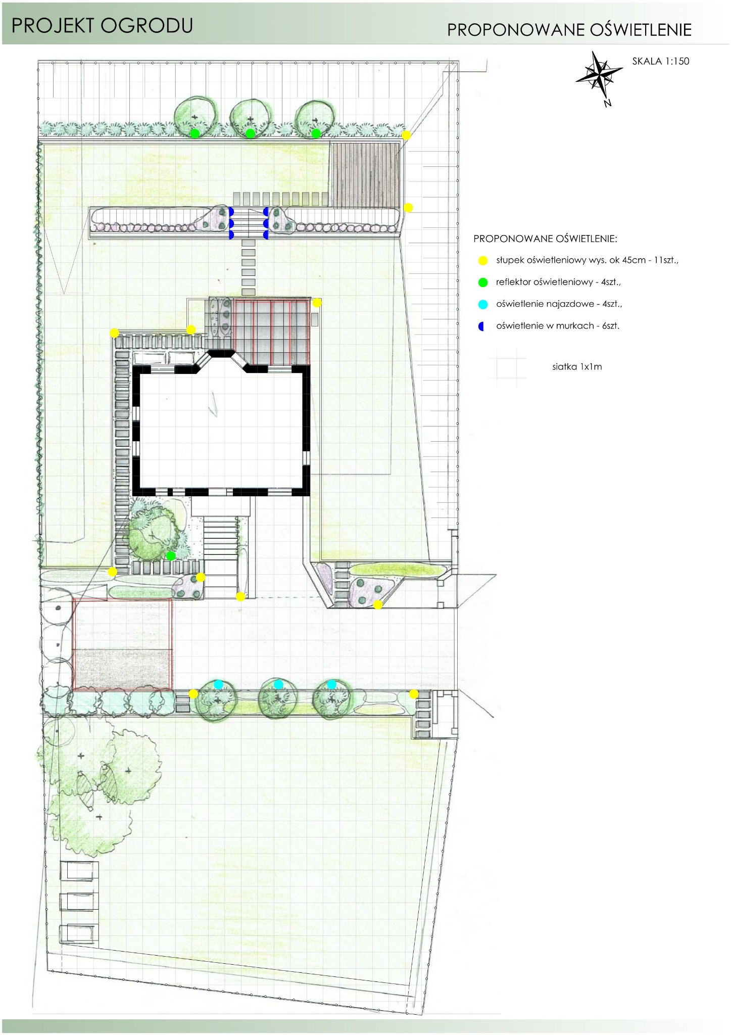 Ręcznie rysowany plan zagospodarowania ogrodu z zaznaczonym oświetleniem: słupki oświetleniowe, reflektory, oświetlenie najazdowe i oświetlenie w murkach, skala 1:150.