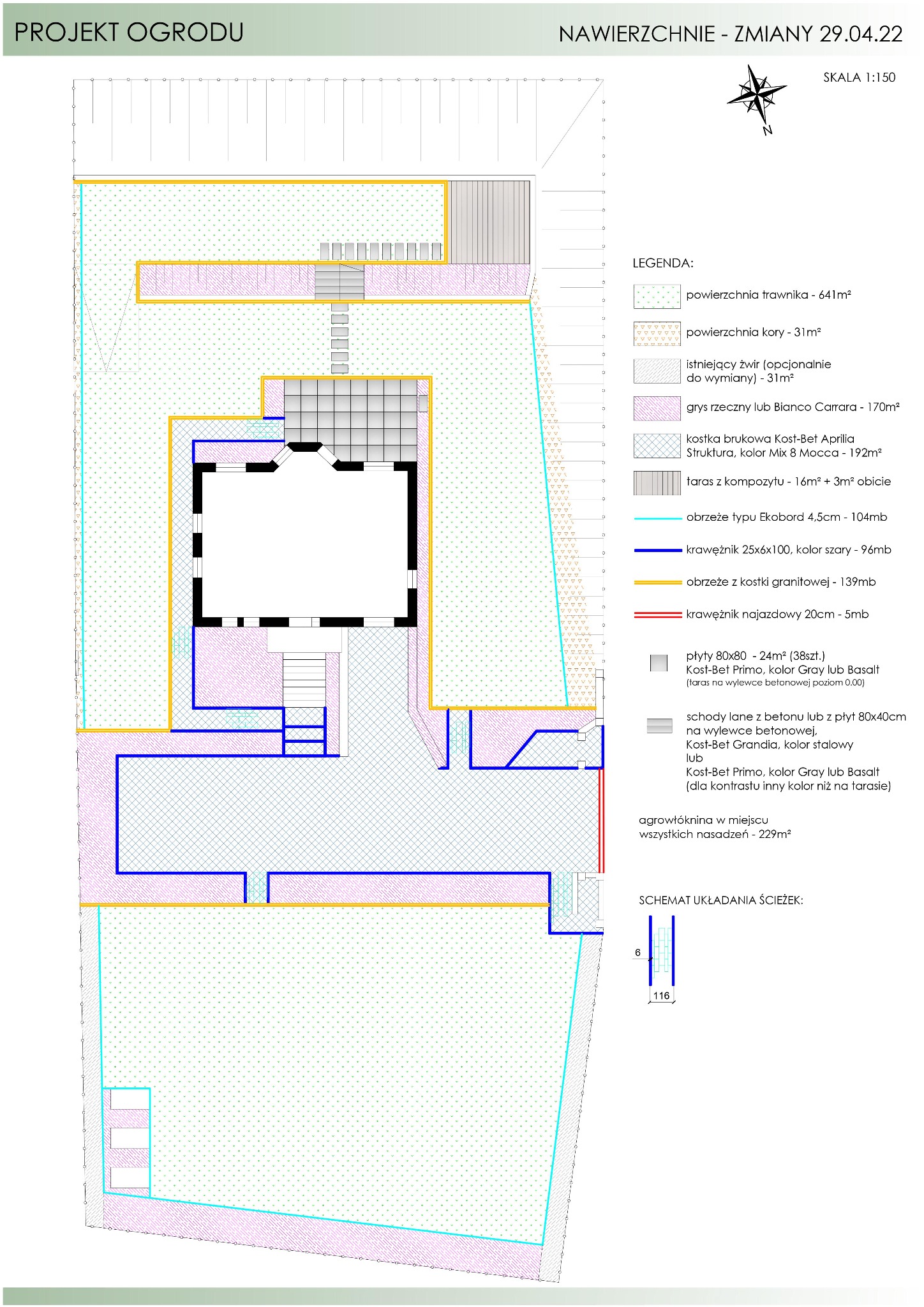 Plan zagospodarowania terenu ogrodu z legendą, uwzględniający powierzchnię trawnika, kory, żwiru, grysu rzecznego, kostki brukowej, tarasu kompozytowego, obrzeży, krawężników, płyt, schodów...