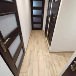 Korytarz z trzema zamontowanymi, ciemnobrązowymi drzwiami z przeszkleniami i jasną podłogą imitującą drewno.