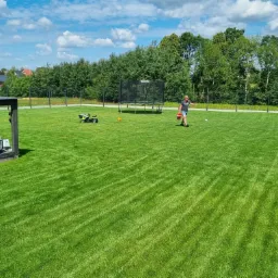 Rozległy trawnik z widocznymi pasami po koszeniu, na którym stoi trampolina, zabawkowy traktor i bawi się dziecko. W tle drzewa i domy.