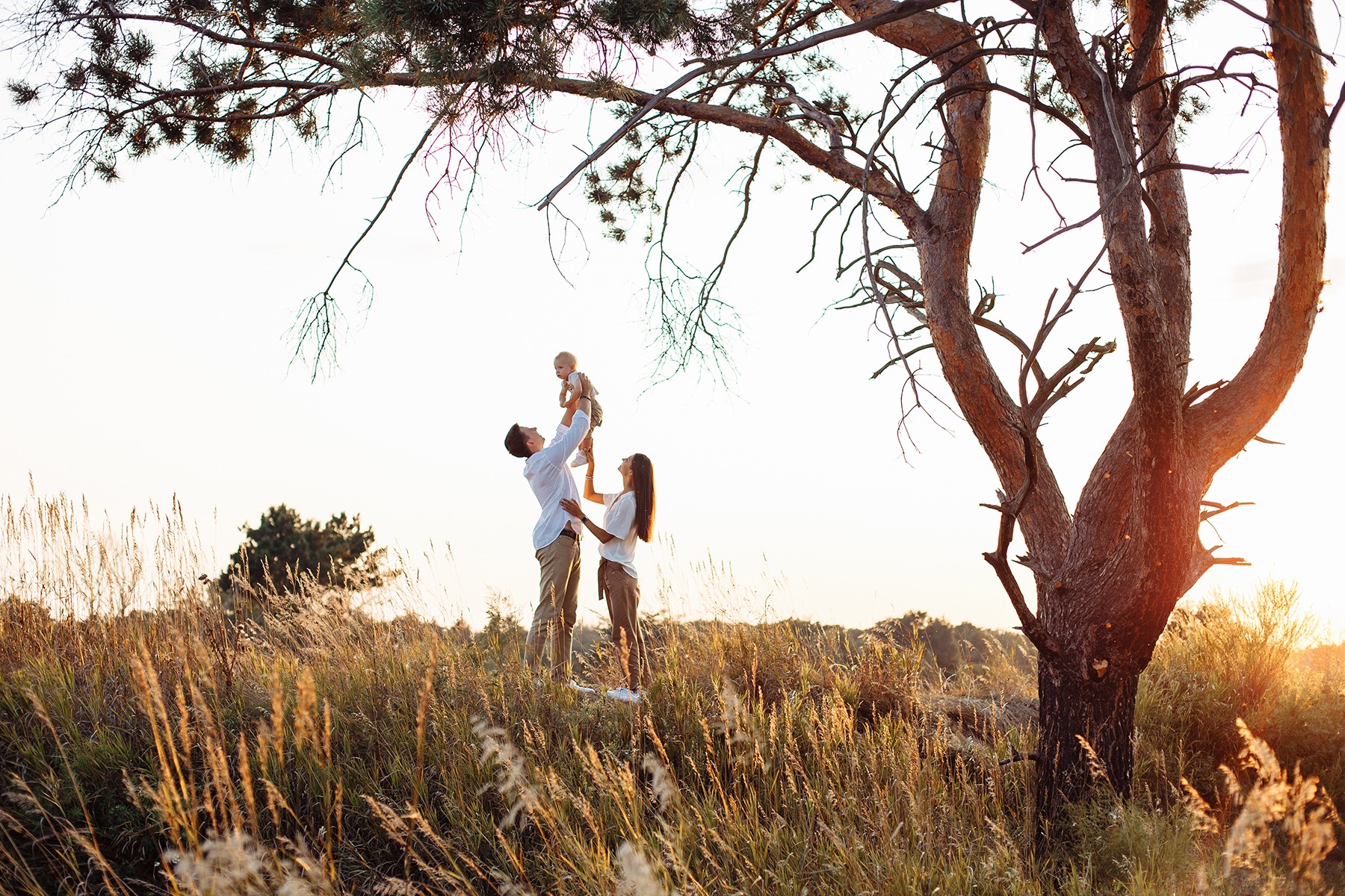 Rodzina na tle zachodzącego słońca: ojciec podnosi dziecko do góry, matka patrzy z uśmiechem, wysoka trawa na pierwszym planie, obok rozłożyste drzewo.