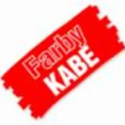 Czerwony, ukośny baner z białym napisem 'Farby KABE' na białym tle. Logo firmy produkującej farby i materiały budowlane.