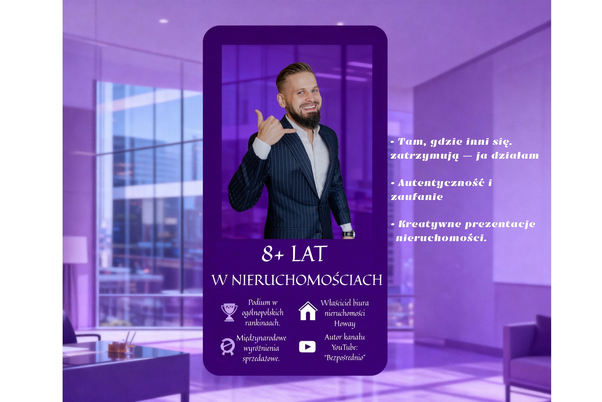 Profesjonalny agent nieruchomości Howay z uśmiechem, w eleganckim garniturze, prezentuje swoje doświadczenie i kreatywne podejście do prezentacji nieruchomości.