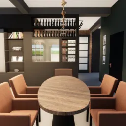 Wizualizacja jadalni z okrągłym drewnianym stołem otoczonym krzesłami w odcieniach brązu, na tle ściany z wbudowanym regałem na wino i szklanki.
