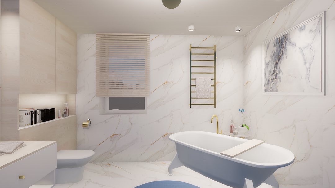 Wizualizacja łazienki w bieli i złocie, z wolnostojącą wanną i marmurową ścianą akcentową.