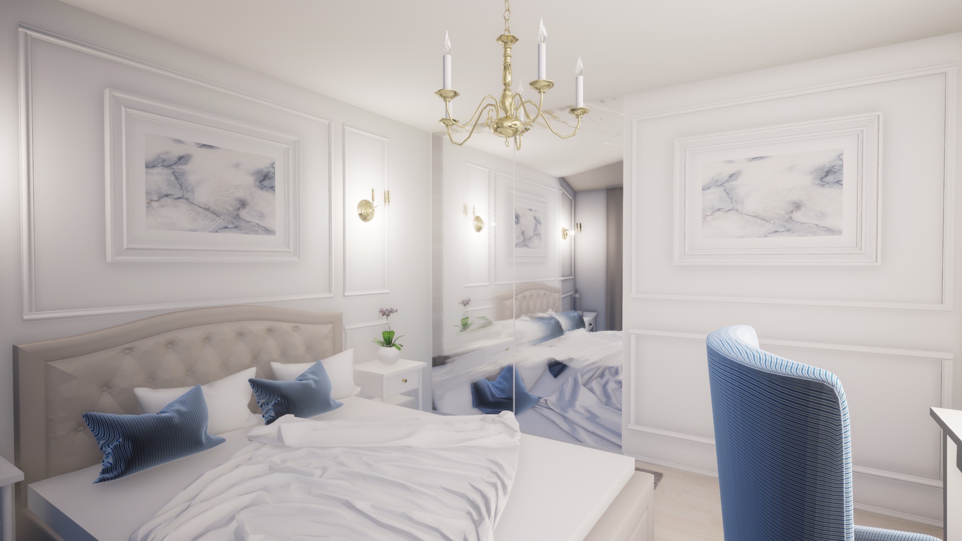 Elegancka sypialnia w bieli z beżowym łóżkiem, błękitnymi poduszkami, złotym żyrandolem i ramkami na ścianach z abstrakcyjnymi obrazami, odbita w lustrzanej ścianie.