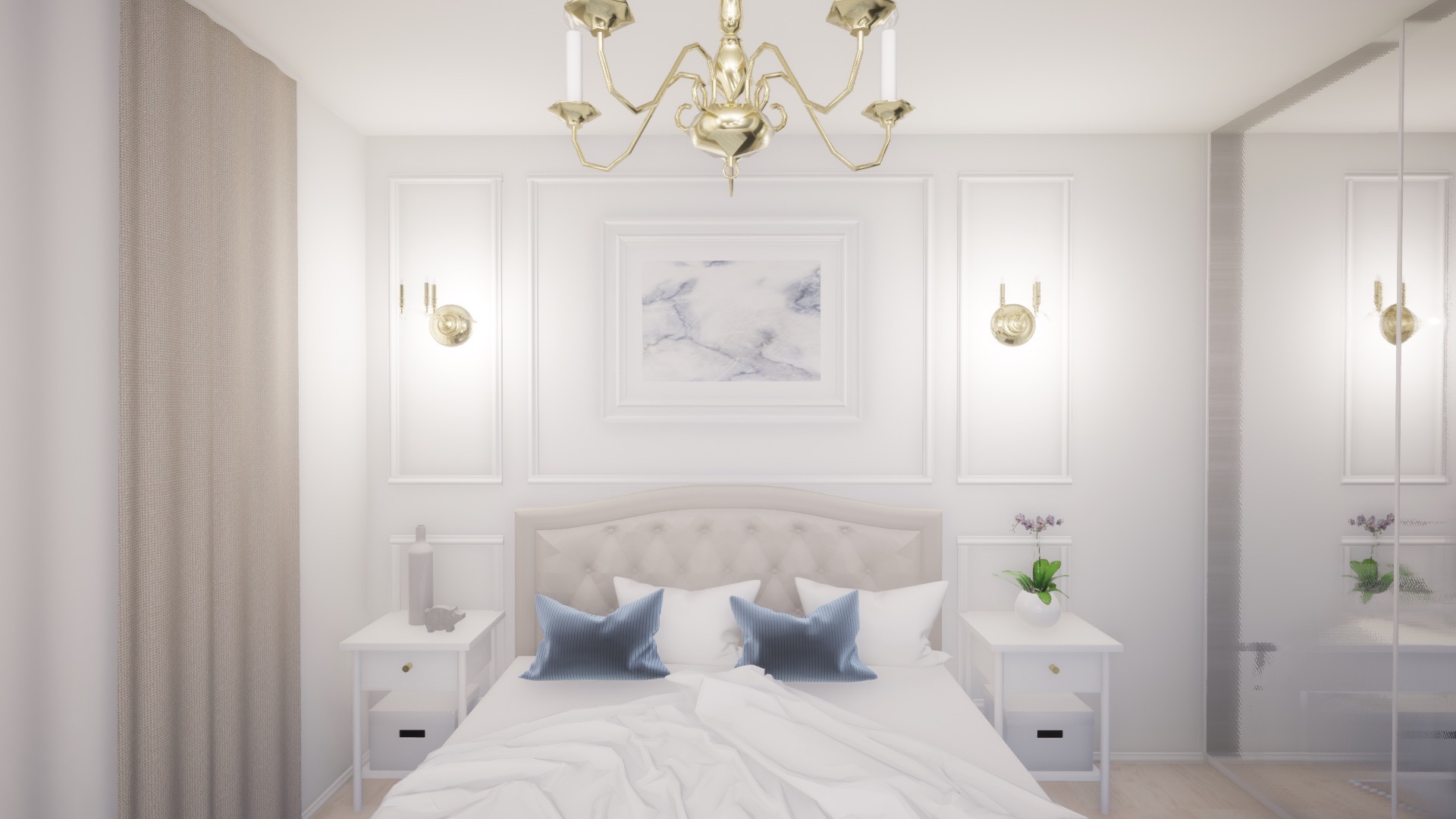 Elegancka sypialnia w bieli z akcentami złota: żyrandol, kinkiety, rama obrazu. Miękkie, błękitne poduszki na łóżku z pikowanym zagłówkiem. Po obu stronach łóżka białe szafki nocne z dekoracjami.