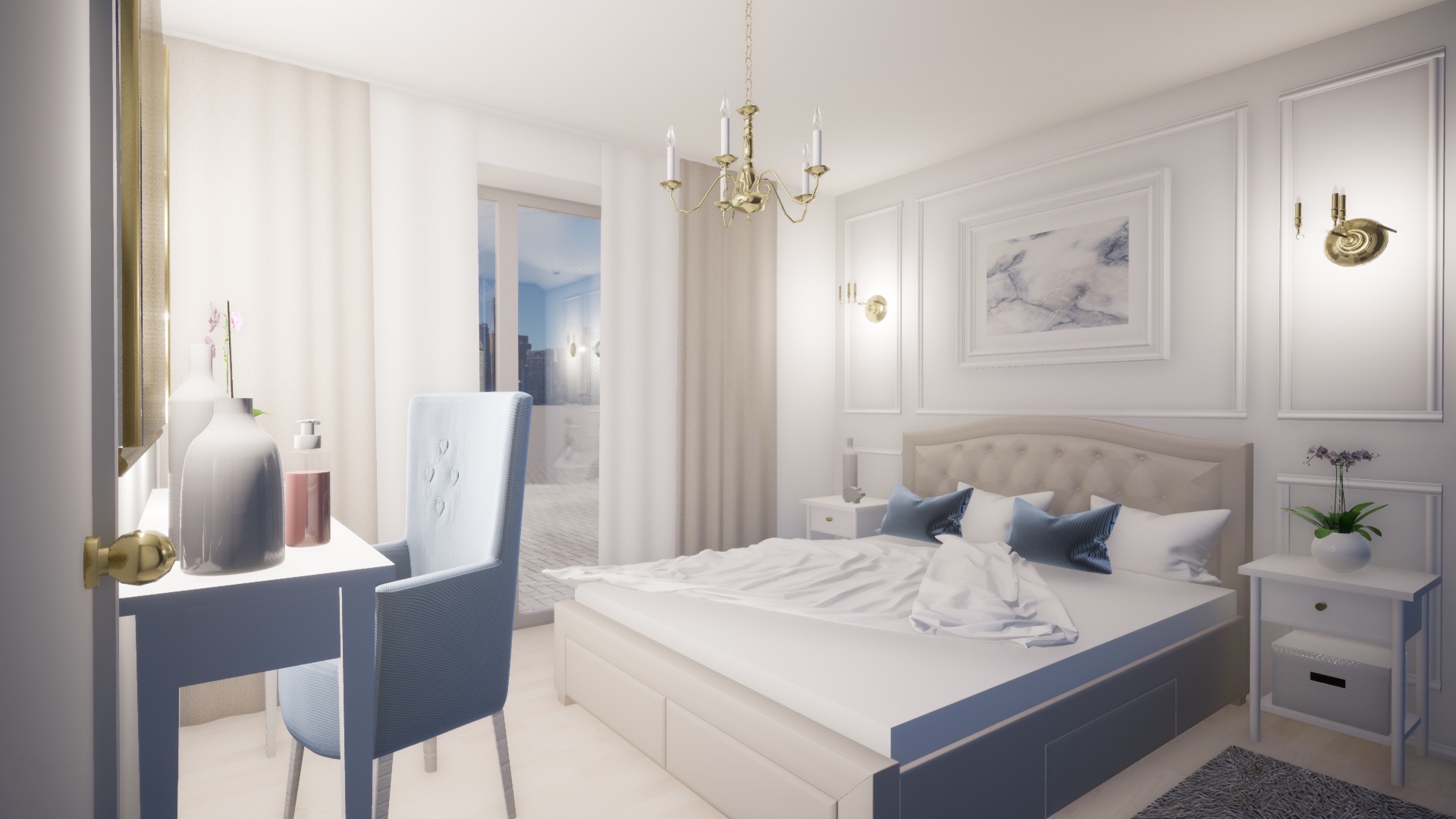 Jasna sypialnia w stylu glamour z łóżkiem typu king-size, toaletką z dekoracyjnymi wazonami i krzesłem obitym błękitnym materiałem, oświetlona złotym żyrandolem i kinkietami.