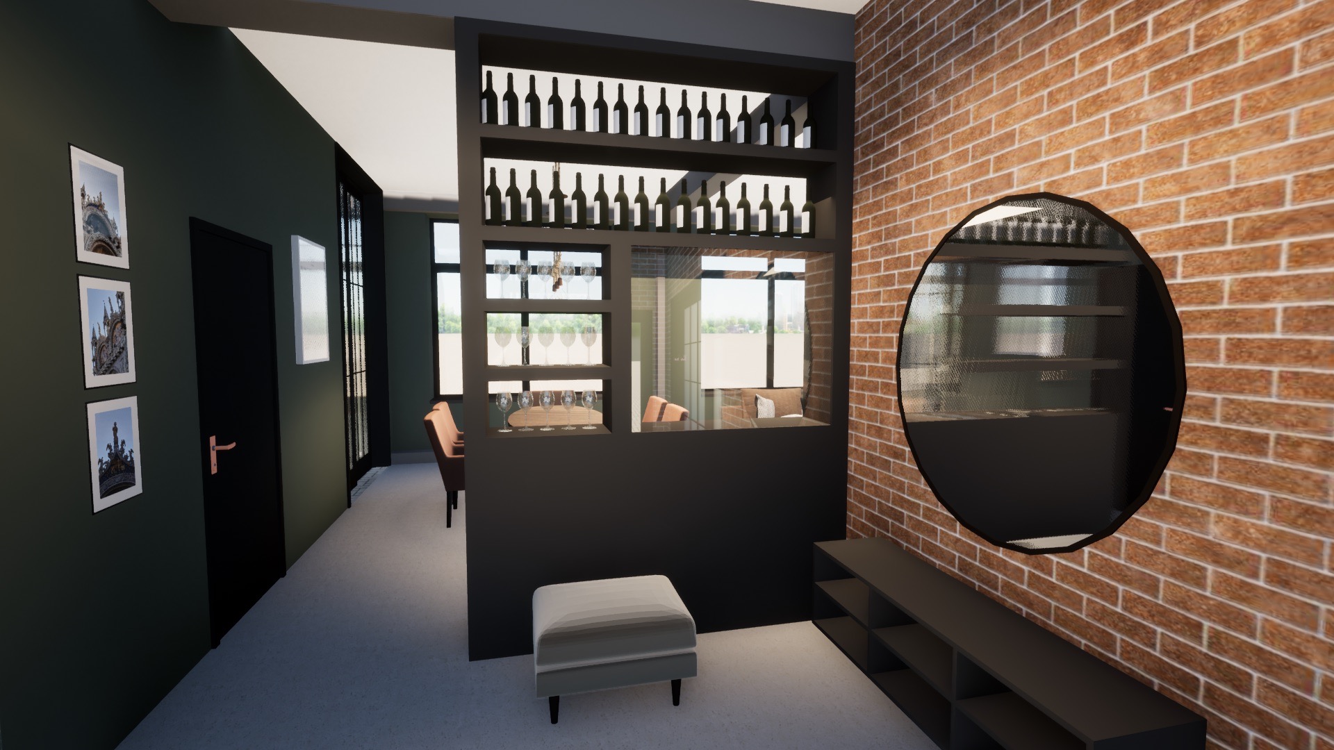 Wizualizacja nowoczesnego wnętrza z ceglaną ścianą, wbudowanym regałem na wino i szklanki, minimalistycznym pufem i czarnymi akcentami.