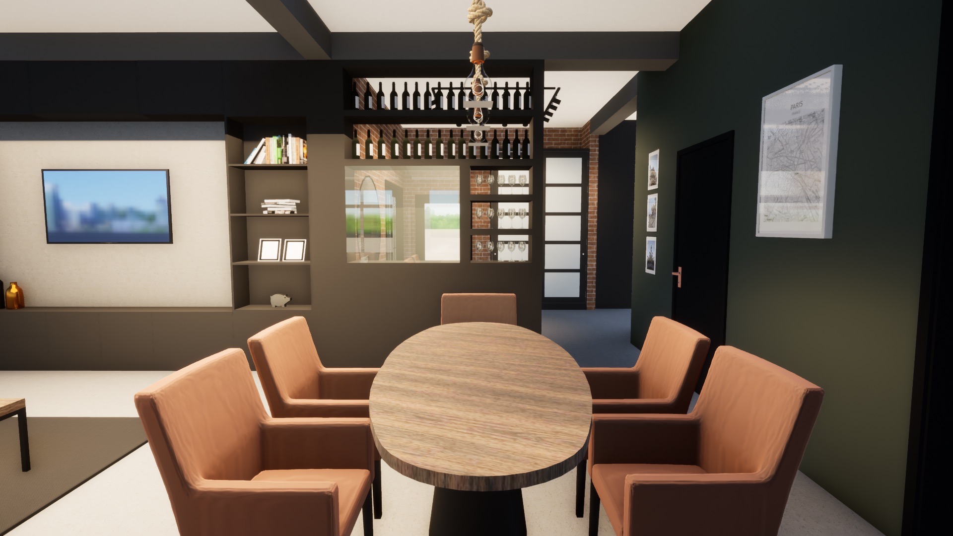 Wizualizacja jadalni z okrągłym drewnianym stołem otoczonym krzesłami w odcieniach brązu, na tle ściany z wbudowanym regałem na wino i szklanki.