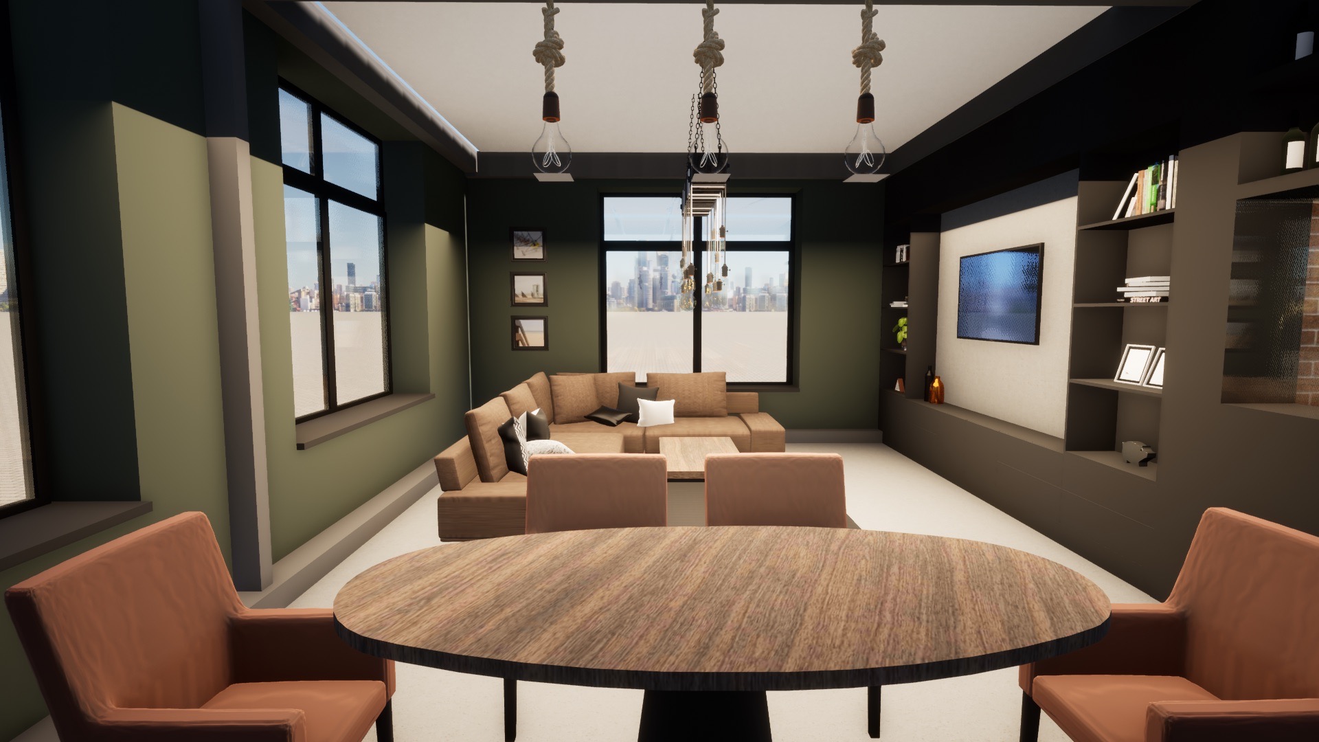 Wnętrze przestronnego salonu z dużym oknem z widokiem na miasto, brązowa sofa narożna, drewniany stół jadalny z pomarańczowymi krzesłami, wiszące lampy z żarówkami na sznurach i telewizor...