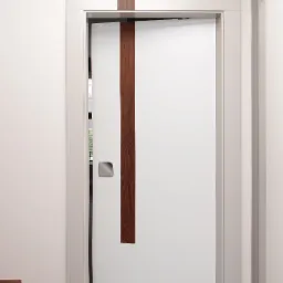 Nowoczesne, białe drzwi wewnętrzne z pionowym, ciemnobrązowym pasem z drewna, ukryte w ścianie, widoczne fragmenty schodów z tego samego drewna.