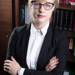 Profesjonalny portret kobiety w czarnym garniturze i okularach, stojącej na tle biblioteczki z książkami, z założonymi rękami i fioletowym lakierem na paznokciach.