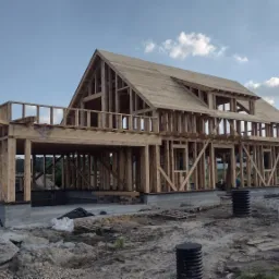 Wznoszenie konstrukcji domu z drewna na betonowym fundamencie w słoneczny dzień, widoczne elementy szkieletu i zadaszenia.