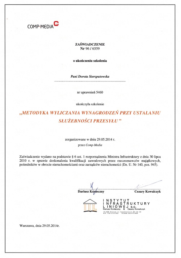 Skan zaświadczenia ukończenia szkolenia z metodyki wyliczania wynagrodzeń przy ustalaniu służebności przesyłu, wydanego przez Comp-Media dla Doroty Sierzputowskiej z datą 29.05.2014.