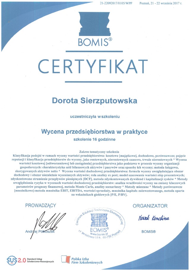 Certyfikat ukończenia szkolenia z wyceny przedsiębiorstwa, wydany przez BOMIS, z podpisami prowadzącego Andrzeja Półkoszka i organizatora Nowak Konolina, zawierający zakres tematyczny szkolenia.
