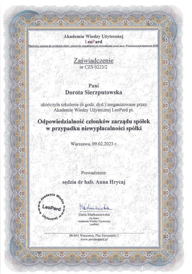 Skan zaświadczenia o ukończeniu szkolenia z zakresu odpowiedzialności członków zarządu spółek w przypadku niewypłacalności spółki, wydanego przez Akademię Wiedzy Użytecznej LeoPard dla Doroty...