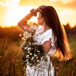 Kobieta w białej sukience, trzymająca bukiet margaretek, stoi na łące w promieniach zachodzącego słońca, z ręką osłaniającą oczy.