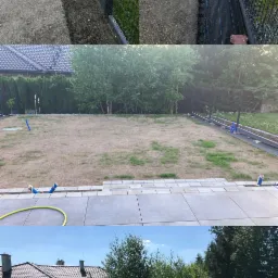 Trzy ujęcia tego samego ogrodu: przygotowanie terenu pod trawnik z rolki, widok na wyschniętą trawę oraz efekt końcowy z zielonym trawnikiem i nowym tarasem z płyt.