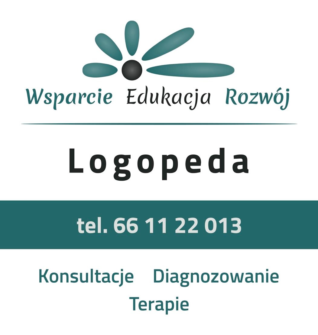 Logo firmy logopedycznej: stylizowany kwiat z hasłem 'Wsparcie Edukacja Rozwój', nazwa 'Logopeda', numer telefonu i zakres usług: Konsultacje, Diagnozowanie, Terapie.