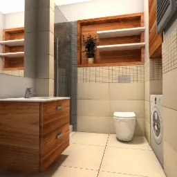 Wizualizacja łazienki z drewnianą szafką pod umywalką, toaletą, pralką i półkami w drewnianej wnęce, wykończona beżowymi płytkami.