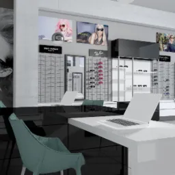 Wizualizacja 3D wnętrza salonu optycznego z ekspozycją okularów marek Saint Laurent, Ray-Ban, Prada i MaxMara, biurkami z laptopami i plakatem kobiety w okularach.