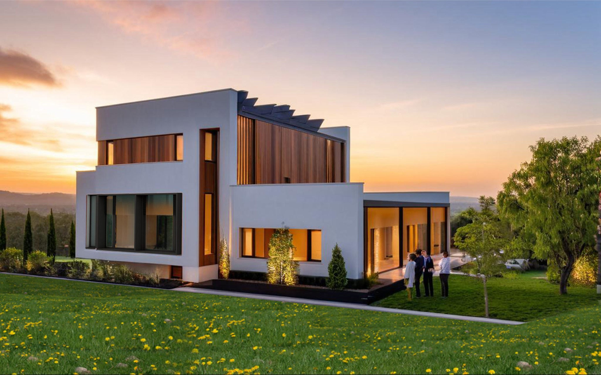 Nowoczesny dom z białymi ścianami i drewnianymi elementami, otoczony zielonym trawnikiem z żółtymi kwiatami, w tle zachód słońca i grupa osób przed wejściem.