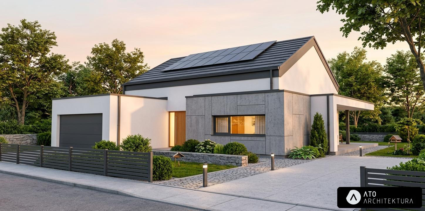 Nowoczesny dom jednorodzinny z panelami słonecznymi na dachu, szarą elewacją i garażem, otoczony zielenią i ogrodzeniem. Widok z poziomu ulicy, ciepłe oświetlenie.