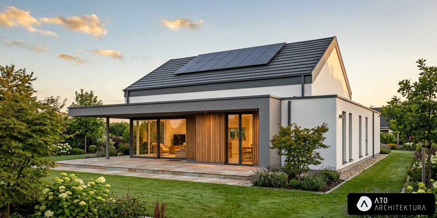 Nowoczesny dom z panelami słonecznymi na dachu, widok z ogrodu. Duże przeszklenia, drewniane elementy elewacji, zadbany trawnik i roślinność.