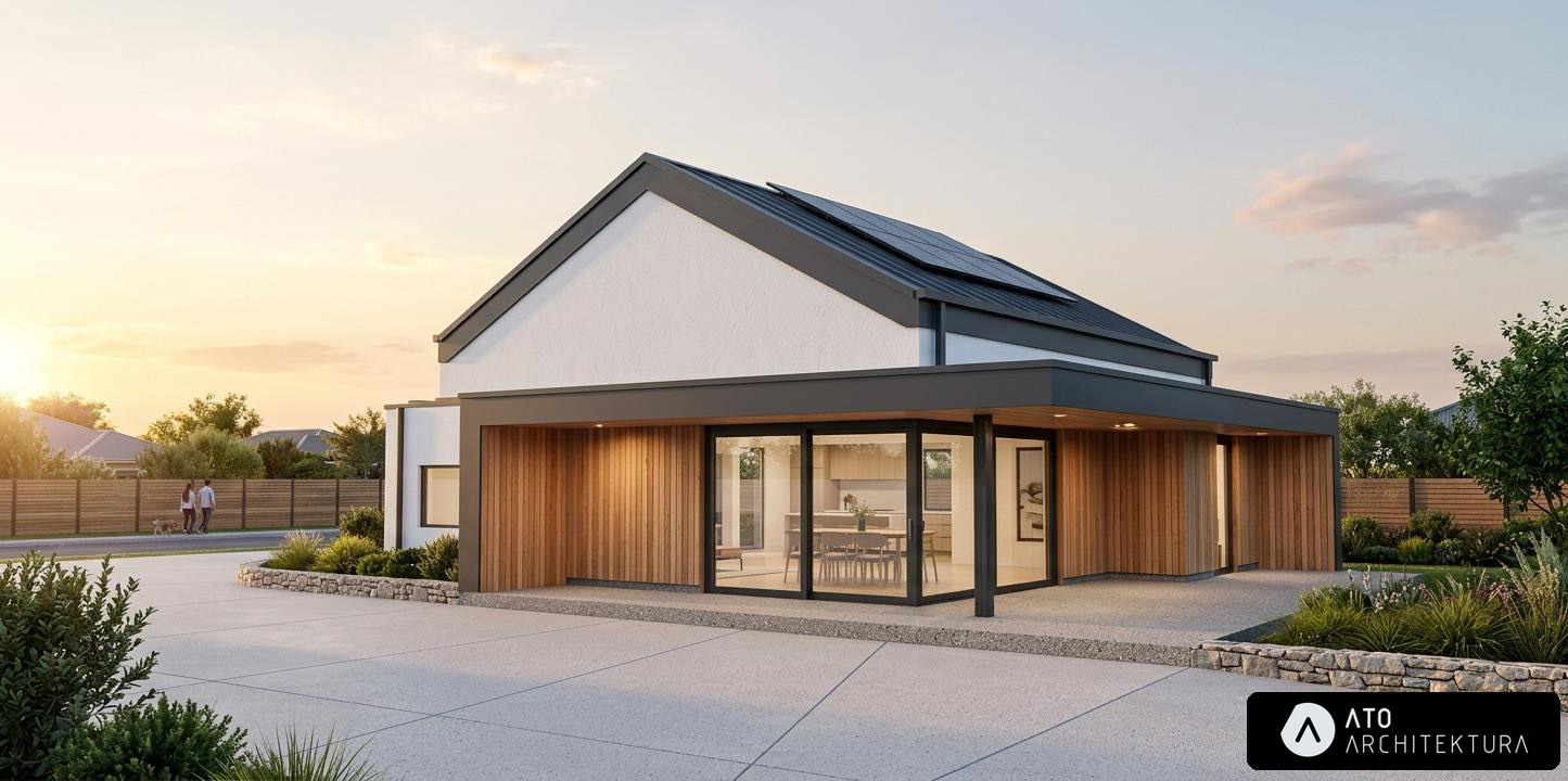 Wizualizacja domu jednorodzinnego z panelami słonecznymi na dachu, drewnianą elewacją i dużymi oknami, przez które widać wnętrze. W tle para z psem.