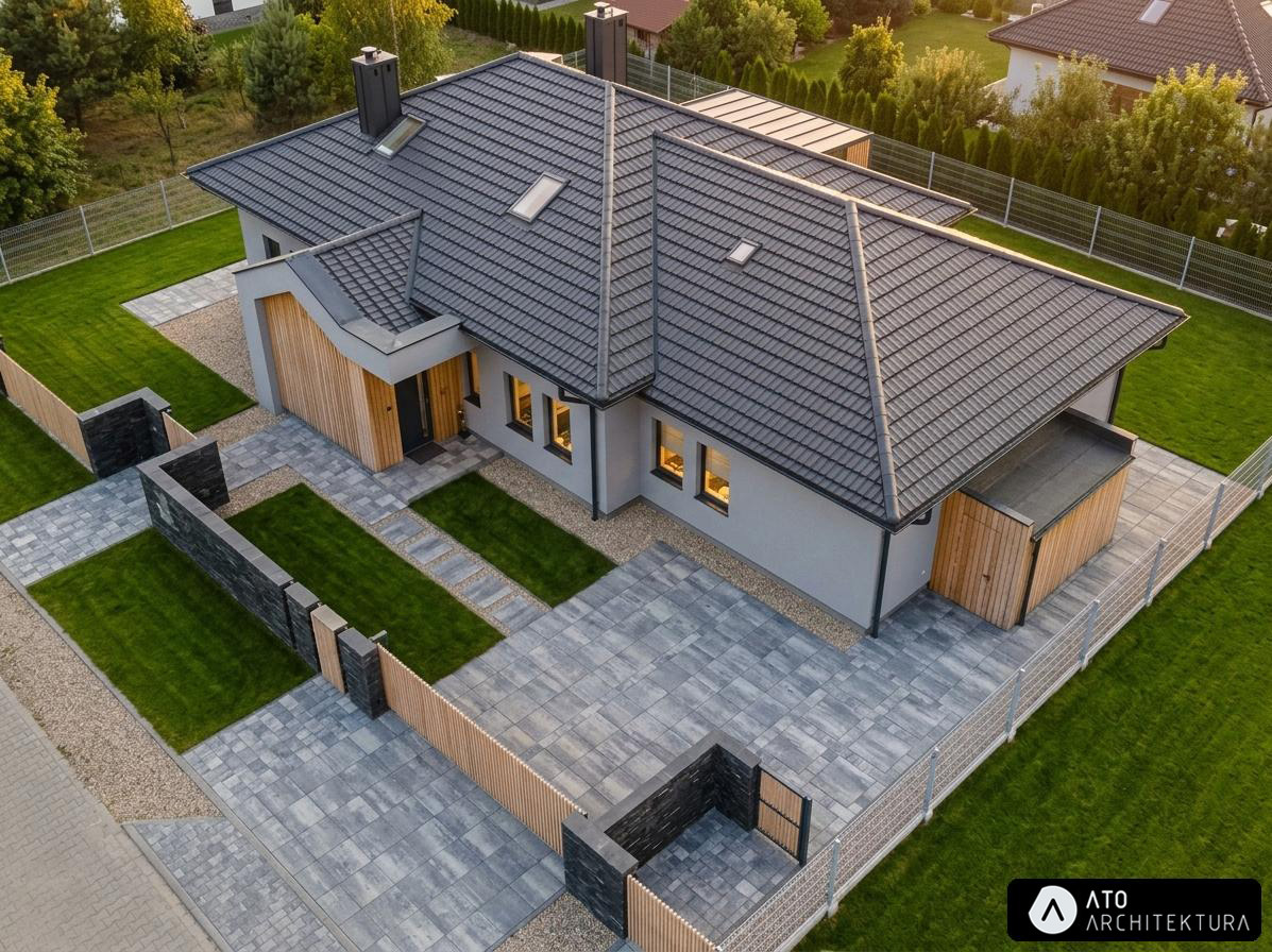 Nowoczesny dom jednorodzinny z szarą dachówką, drewnianą elewacją i starannie zaprojektowanym ogrodem z kostki brukowej, widziany z lotu ptaka w słoneczny dzień.