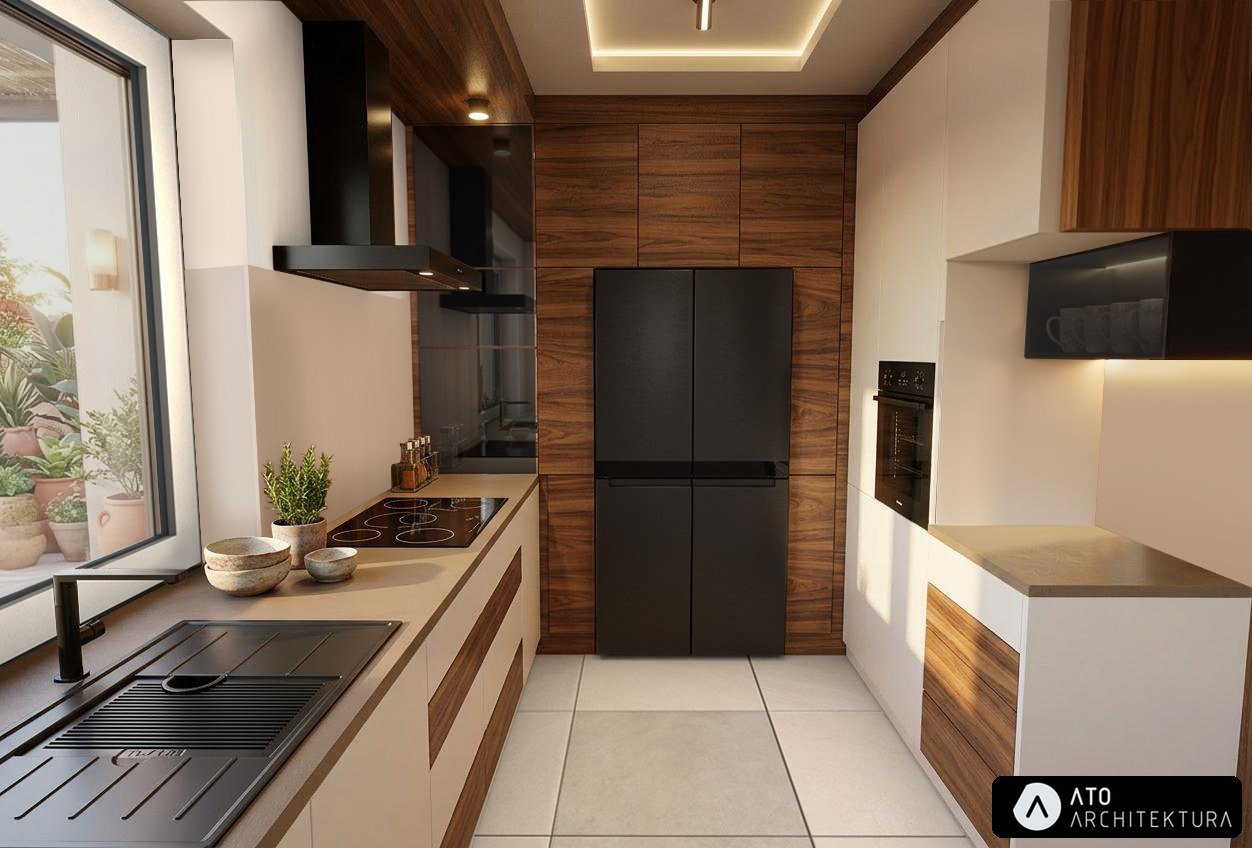 Nowoczesna kuchnia z drewnianymi akcentami: zabudowa meblowa z czarną lodówką, jasne blaty, okno z widokiem na zieleń. Minimalistyczny design z dbałością o detale.