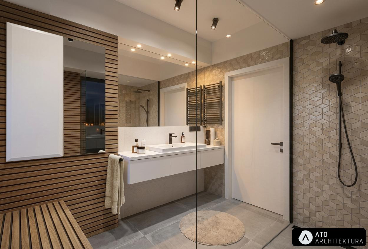 Nowoczesna łazienka z drewnianą ścianą, dużym lustrem i geometrycznymi płytkami. Minimalistyczna umywalka i czarna armatura dodają elegancji. Oświetlenie punktowe.